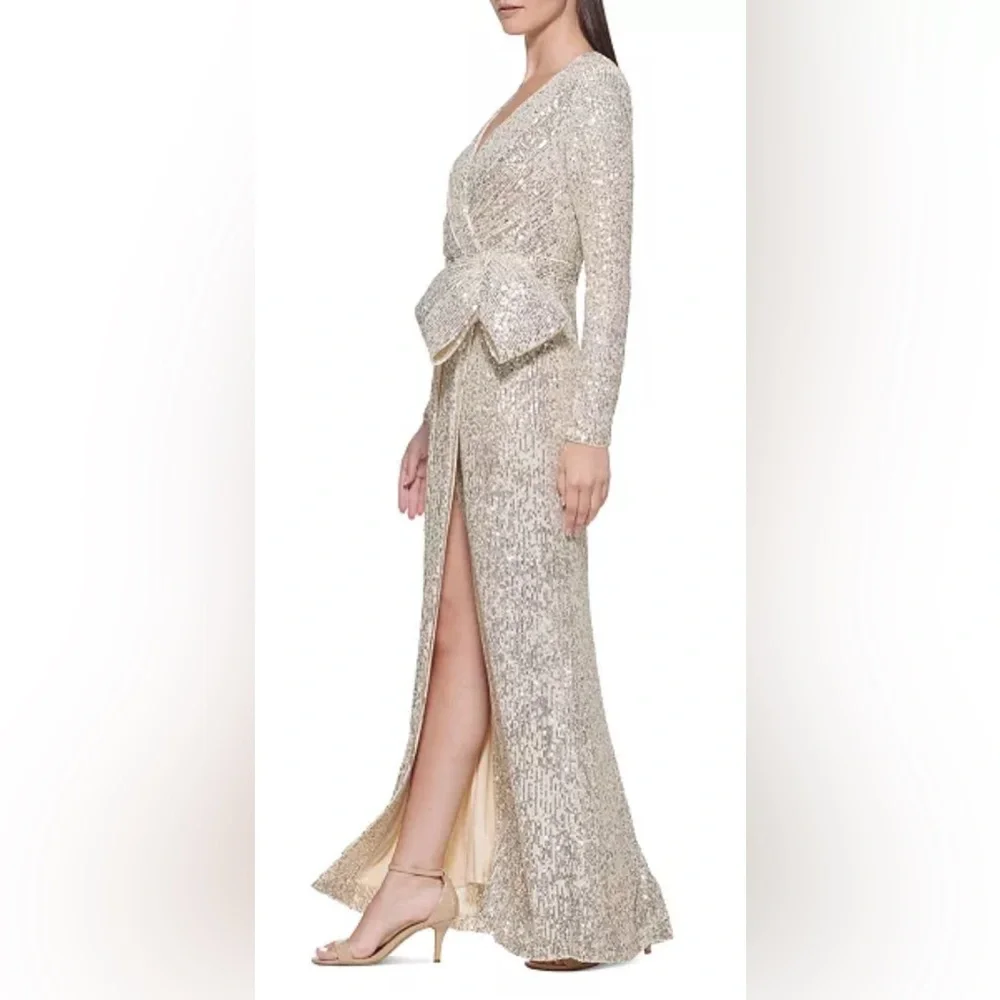 Eliza J Women's Formal Dress Size 6 Gold Sequined Long Sleeve Thigh Slit Gown - Picture 3 of 3